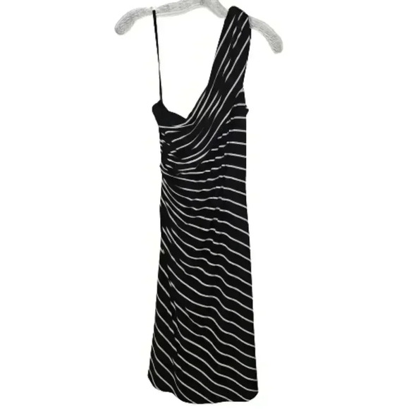Lauren Ralph Lauren One Shoulder Black Cream Striped Side Ruched Sheath Dress 12 - Picture 4 of 9